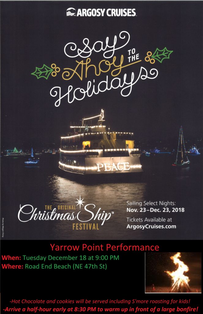 Argosy holiday cruise ship lit with "PEACE