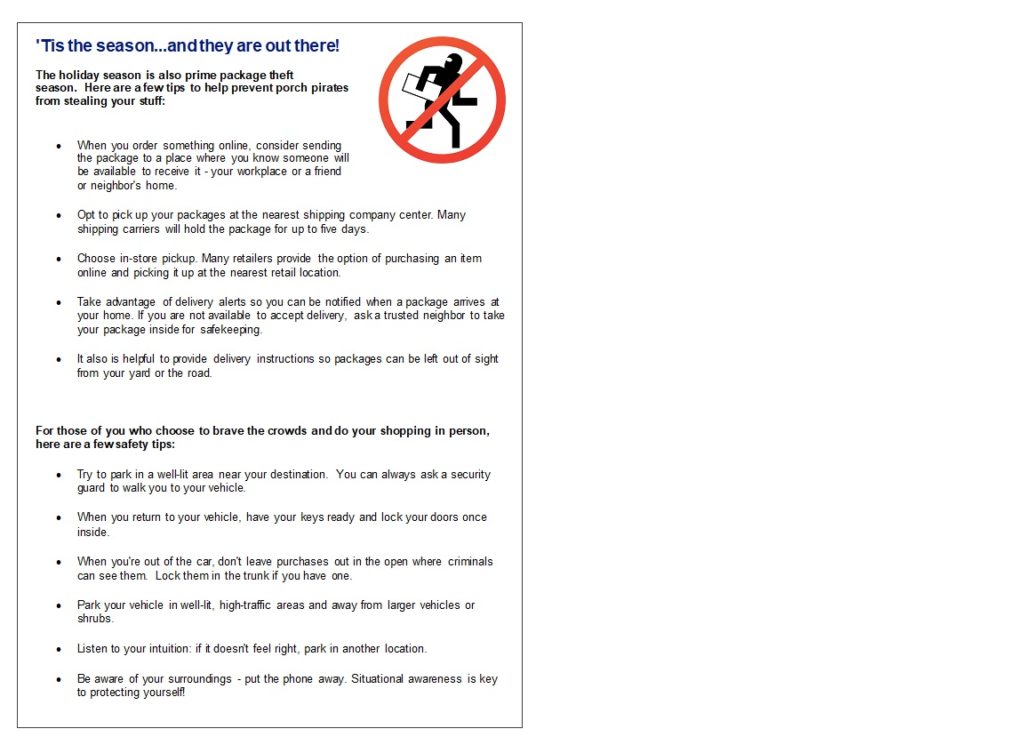 Holiday flyer advising how to prevent package theft
