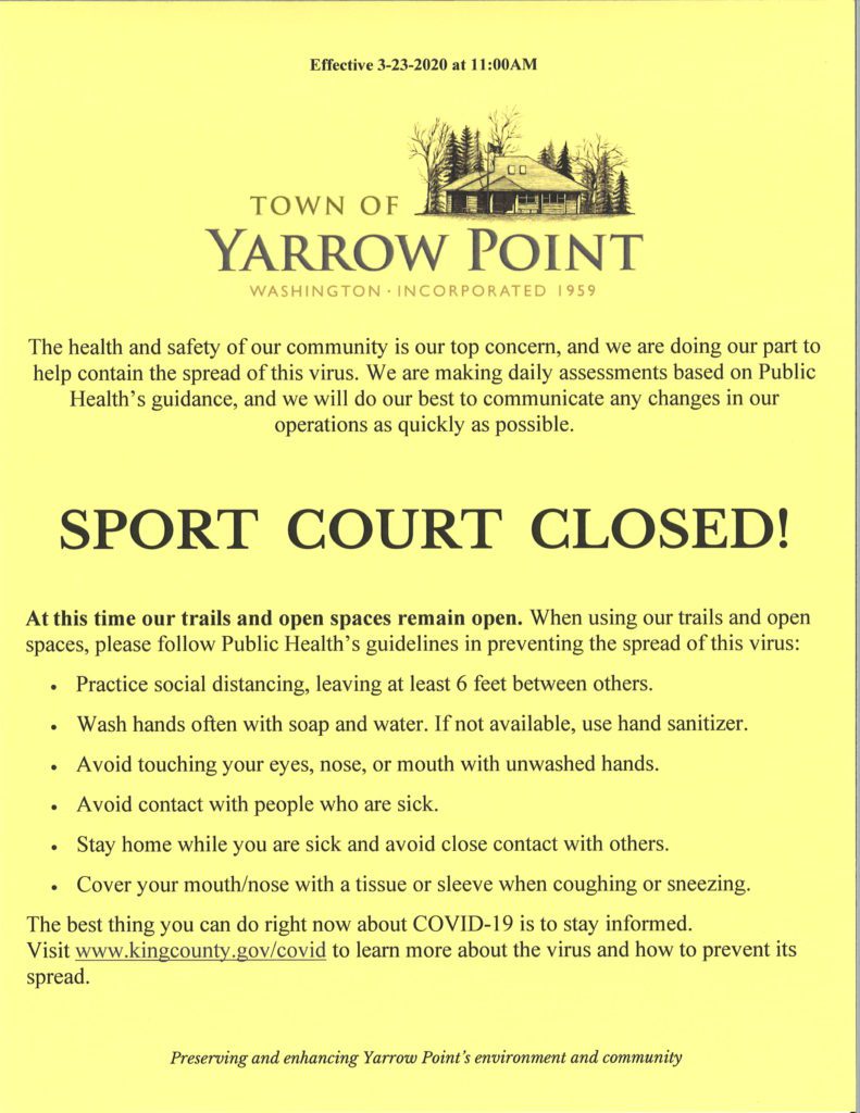 Yarrow Point COVID-19 sport court closure notice