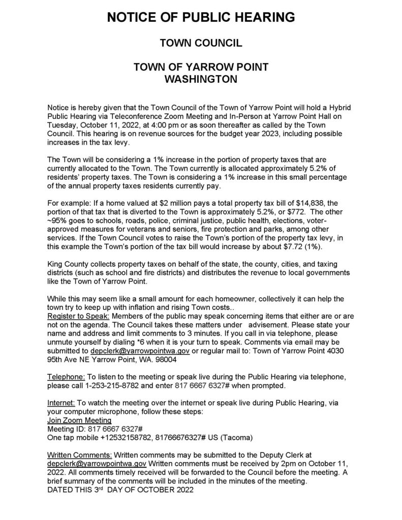 Town of Yarrow Point public hearing notice