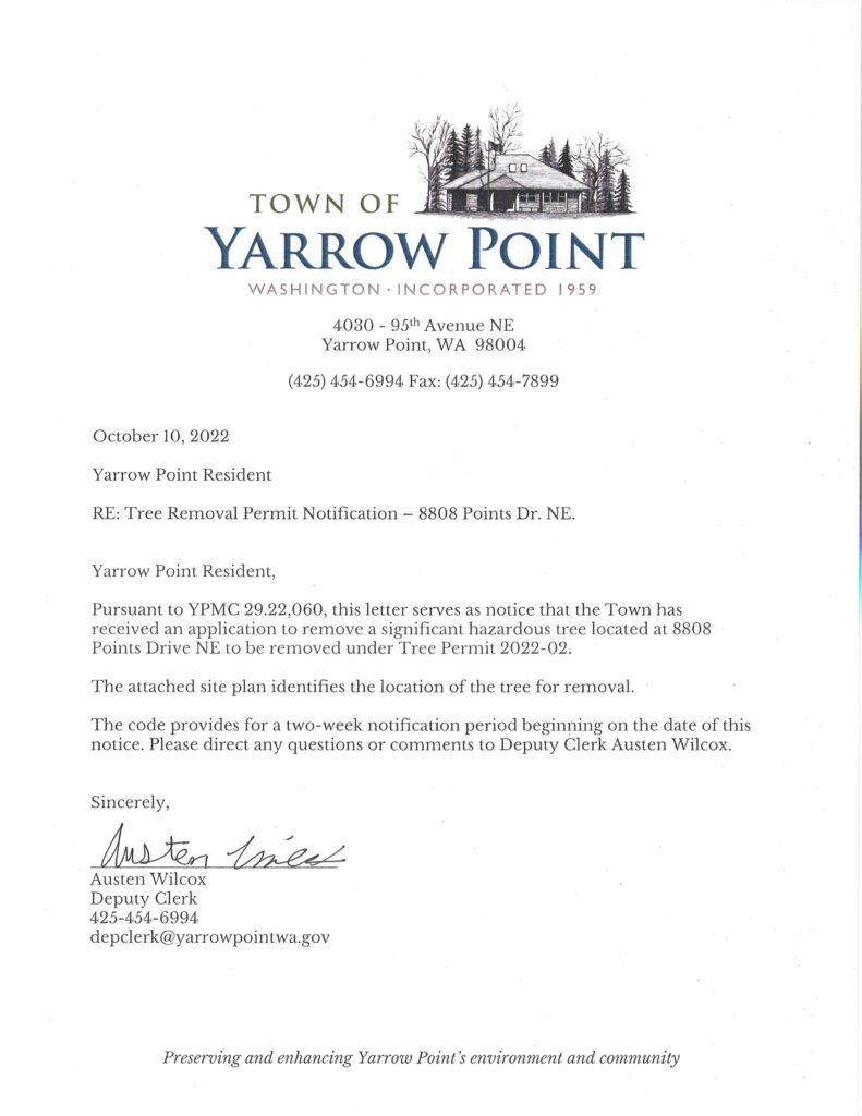 Yarrow Point tree removal notice letter