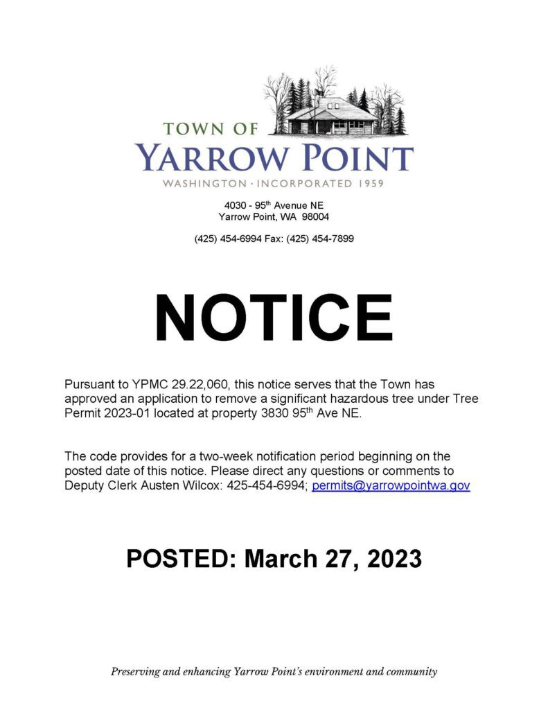 Yarrow Point tree removal notice poster