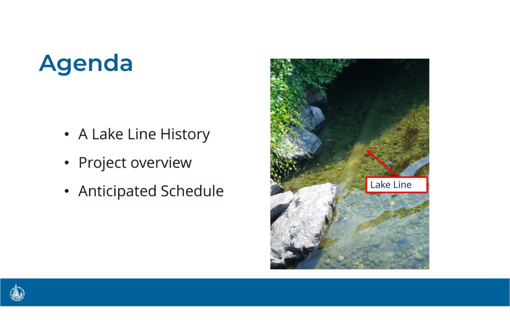 Agenda slide showing rocky lake shoreline photo