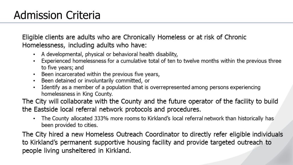 Admission Criteria slide listing homelessness eligibility requirements