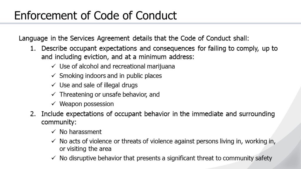 Code of Conduct enforcement slide listing rules