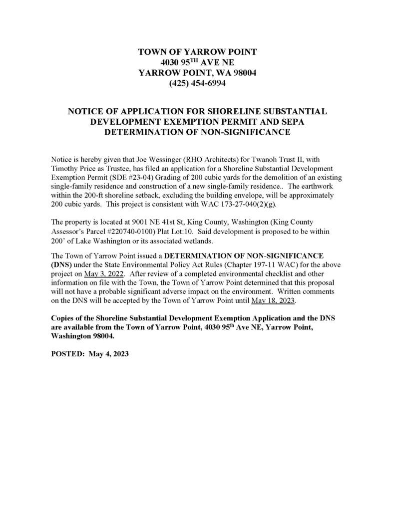 Town of Yarrow Point shoreline exemption notice