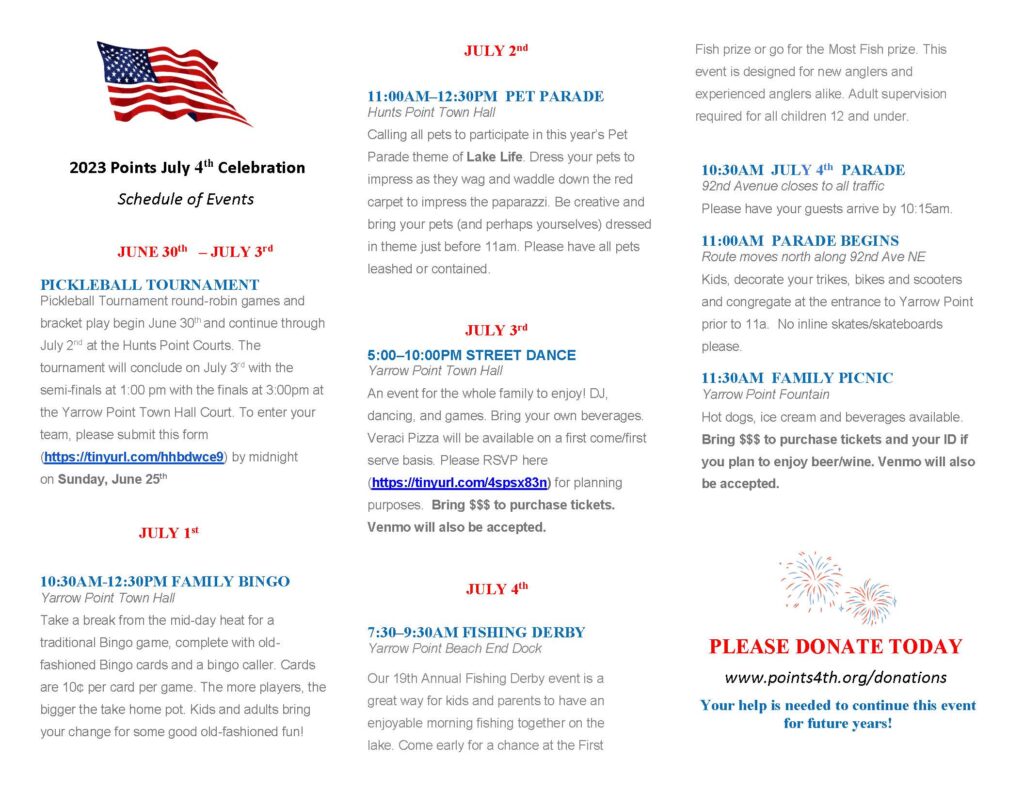 July 4th celebration schedule flyer with American flag