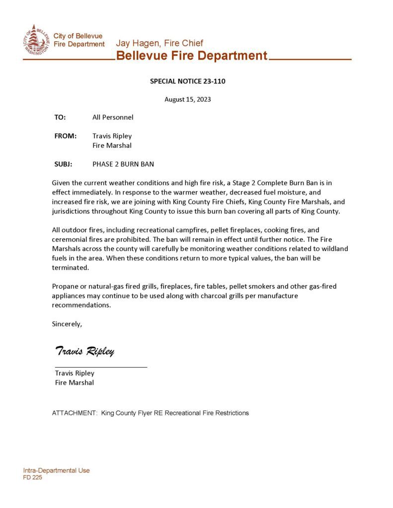 Bellevue Fire Department Phase 2 burn ban notice