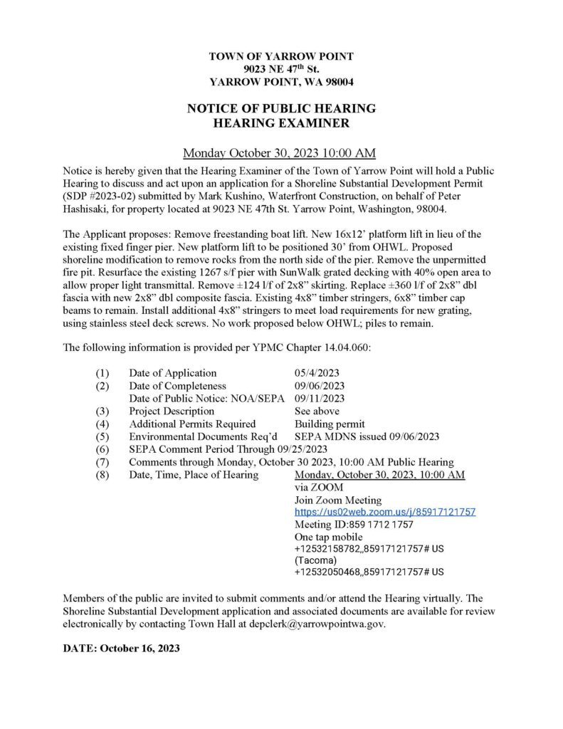 Yarrow Point hearing notice October 30 2023