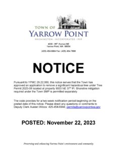 Yarrow Point notice: hazardous tree removal permit