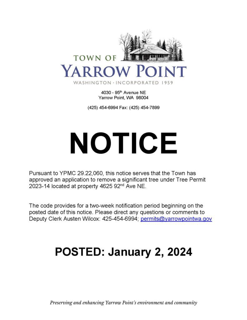 Yarrow Point notice posted January 2 2024