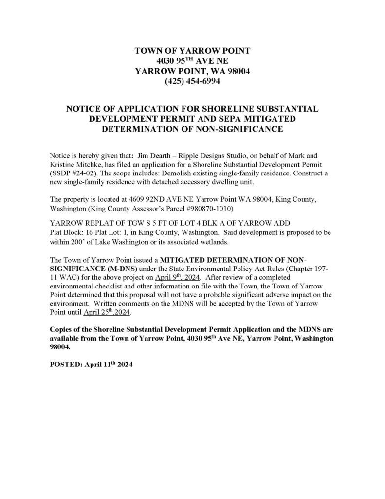 Town of Yarrow Point shoreline permit public notice