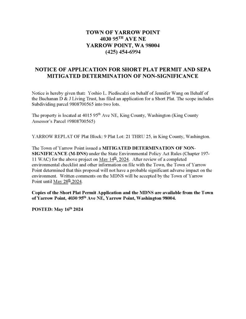 Town of Yarrow Point short plat notice