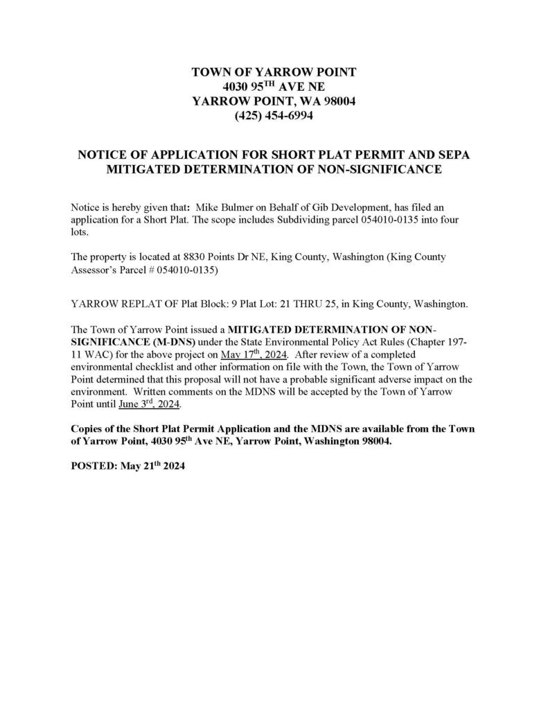 Town of Yarrow Point permit notice