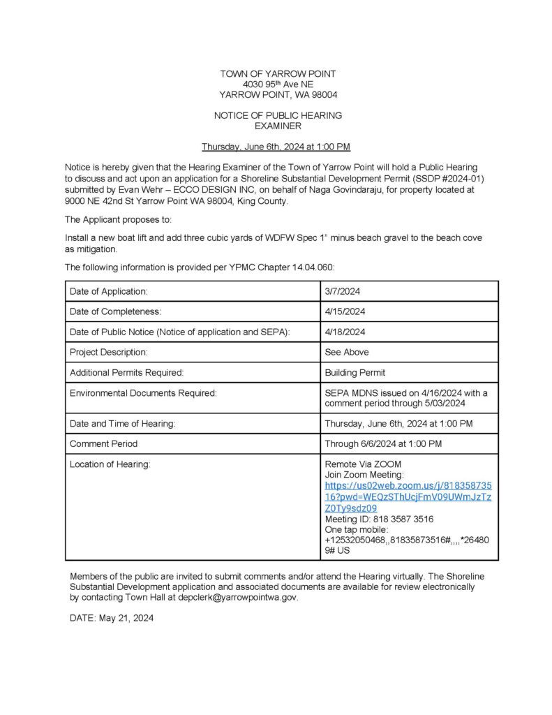 Hearing notice June 6 2024 boat lift
