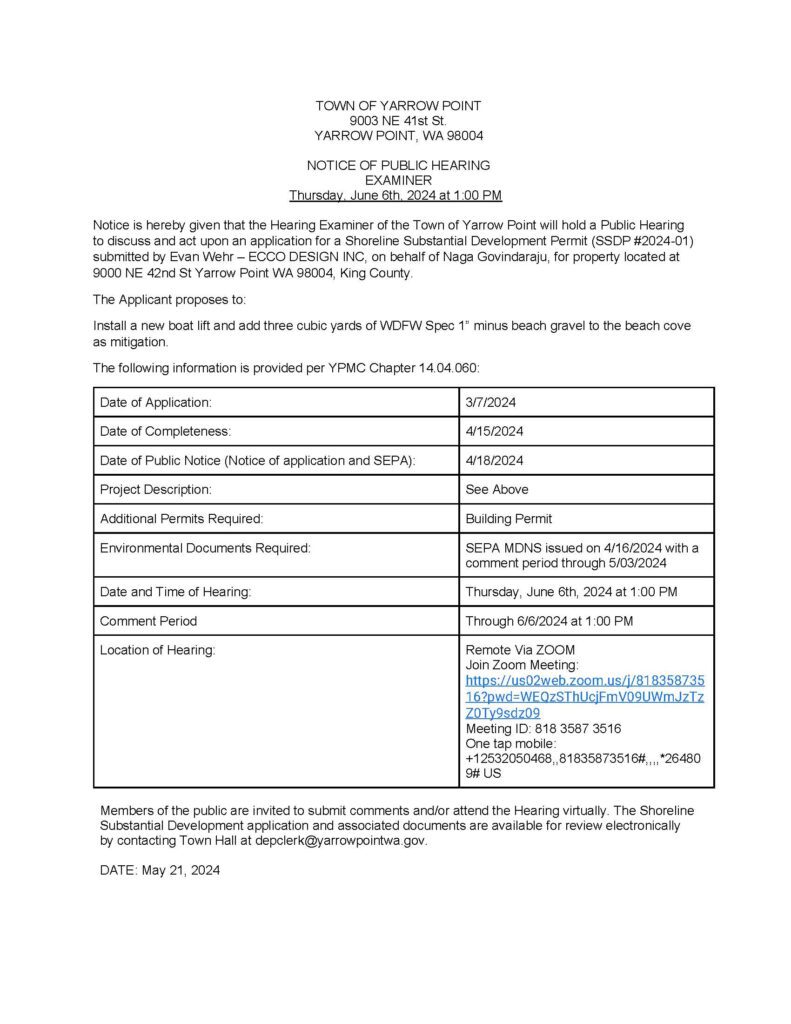 Hearing notice June 6, 2024 at 9000 NE