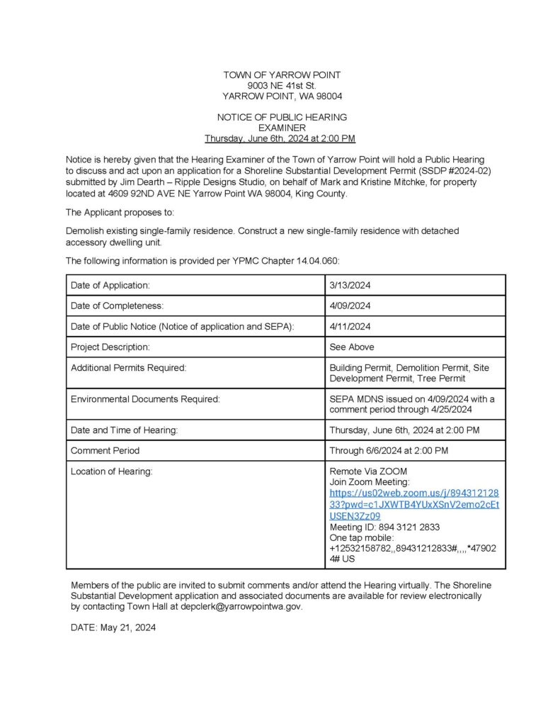Town of Yarrow Point public hearing notice