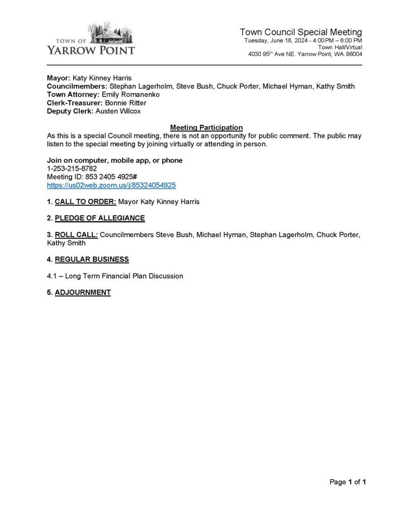 Yarrow Point town council special meeting agenda