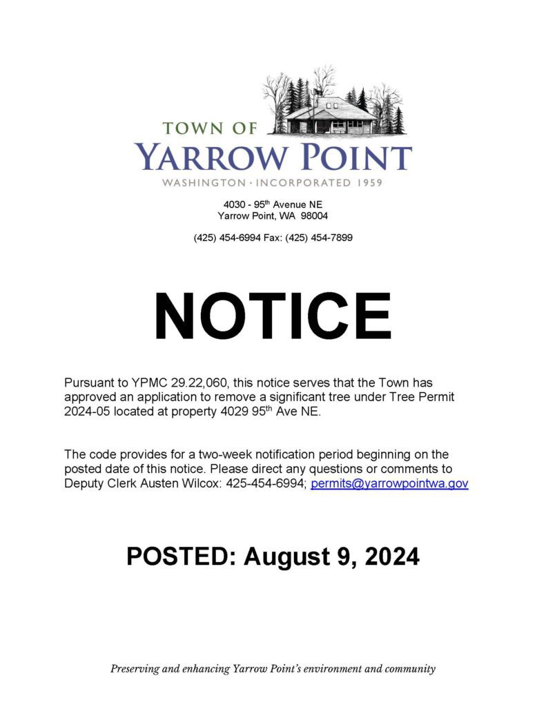 Yarrow Point notice posted August 9 2024