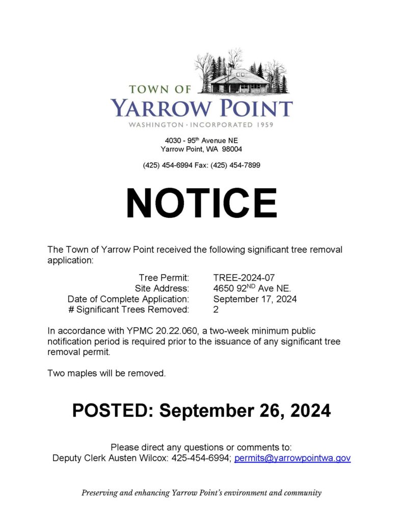 Yarrow Point tree removal notice September 2024
