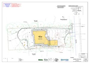 Site plan with building footprint and trees