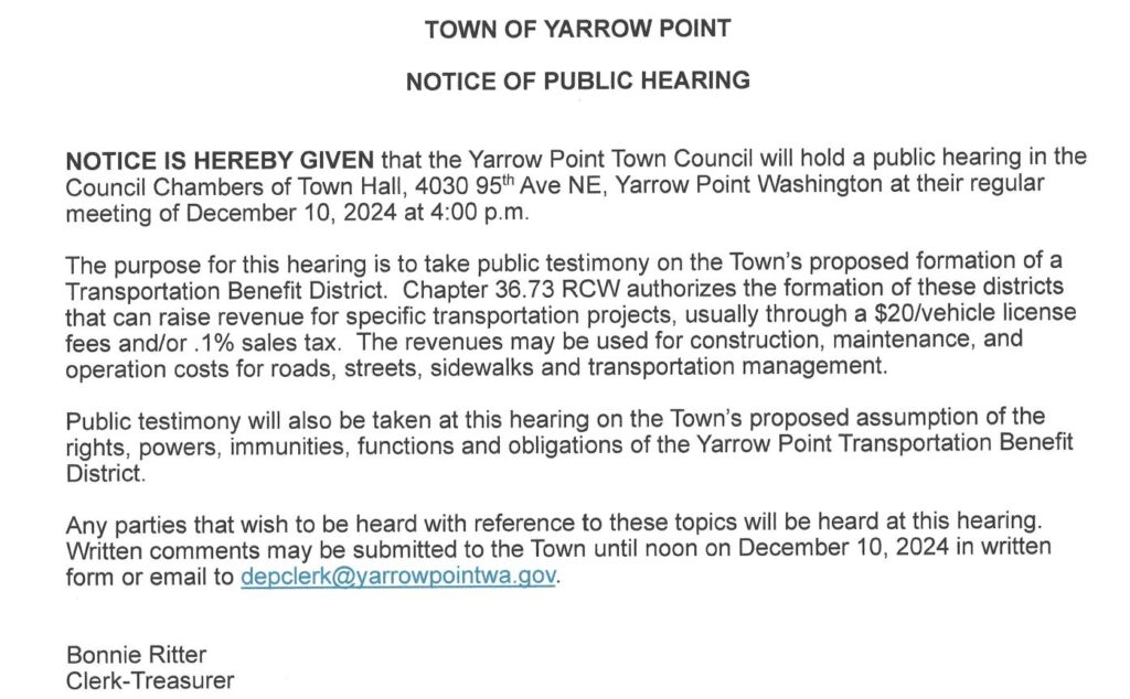 Yarrow Point town public hearing notice
