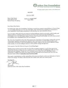 Arbor Day Foundation Tree City USA letter