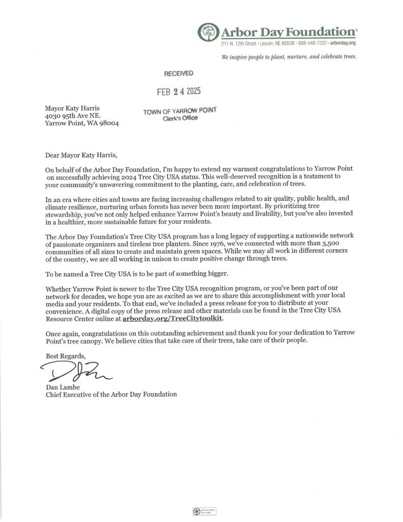 Arbor Day Foundation Tree City USA letter