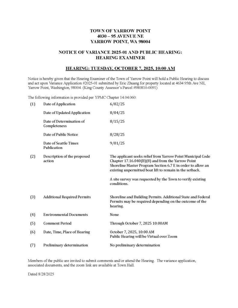 Variance hearing notice October 7 2025