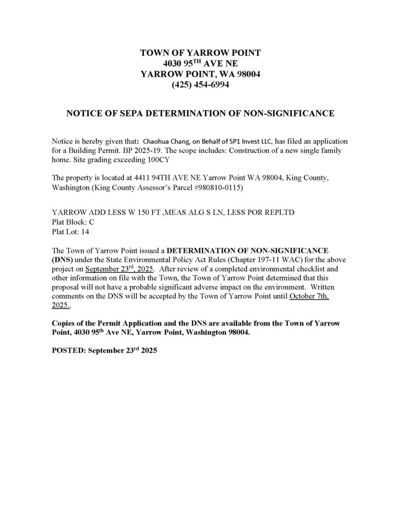 Town of Yarrow Point SEPA determination notice