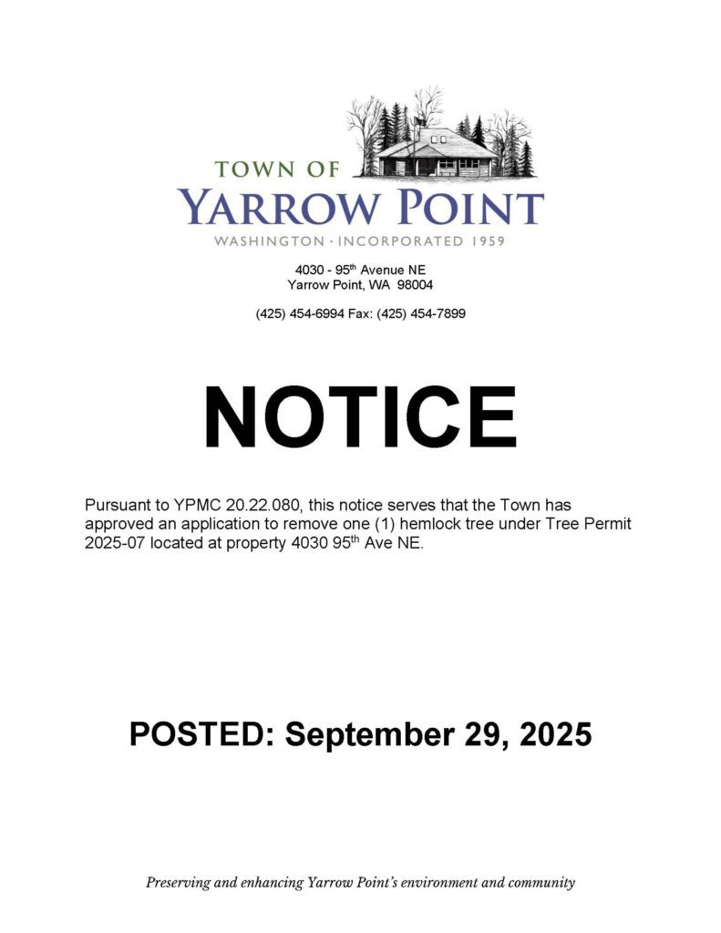 Yarrow Point town notice dated September 29, 2025