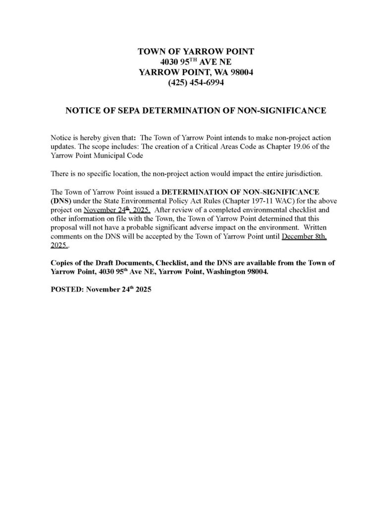 Town of Yarrow Point SEPA non-significance notice