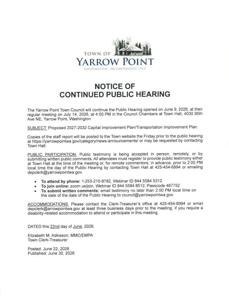 Town of Yarrow Point public hearing notice